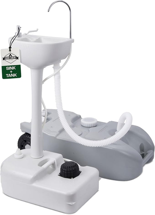 Hike Crew Portable Camping Sink & Waste Tank | Large Outdoor Hand Washing Station with 4.5 Gal Capacity, Hands-Free Foot Pump, Faucet, Soap Dispenser & Towel Rack | includes 10 Gal Travel Waste Tank