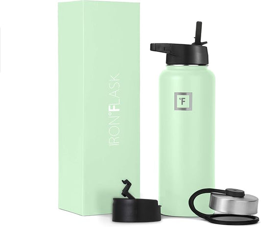 IRON °FLASK Camping & Hiking Hydration Flask, Wide Mouth, 3 Straw Lids, Stainless Steel Outdoor Water Bottle, Double Walled, Insulated Thermos, Metal Canteen - Mint, 40 Oz