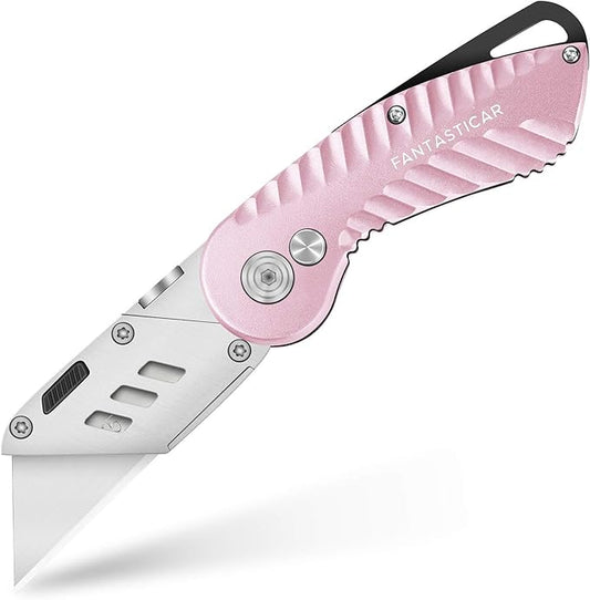 FantastiCAR Folding Utility Knife, Box Cutter Plume Type Metal Body, with Safety Lock and 5-Piece Extra Blades (Pink)