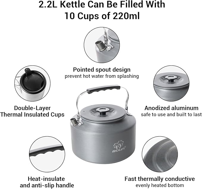 Bulin 2.2L Camping Kettle Set with 2 Cups Lightweight Aluminum Camp Tea Coffee Pot with 2 Stainless Steel Cups for Outdoor Camping Cookware Hiking Backpacking Kitchen Campfire and Picnic, Carrying Bag