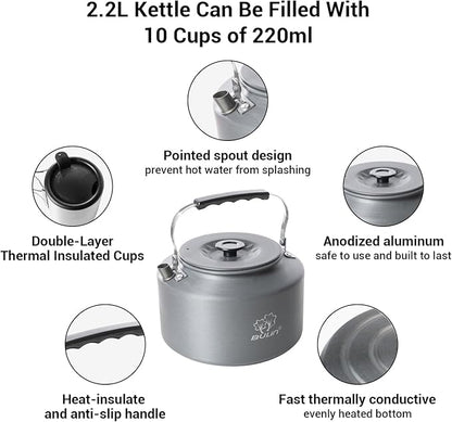 Bulin 2.2L Camping Kettle Set with 2 Cups Lightweight Aluminum Camp Tea Coffee Pot with 2 Stainless Steel Cups for Outdoor Camping Cookware Hiking Backpacking Kitchen Campfire and Picnic, Carrying Bag