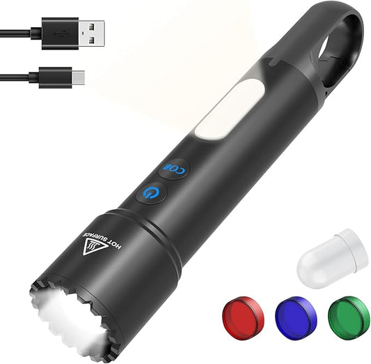 LED Flashlight Rechargeable, High Lumens Small Tactical Flash Light with COB Sidelight & Hook, Powerful Zoomable Handheld Flashlights for Camping, Dog Walking, Hiking, Emergencies, Home
