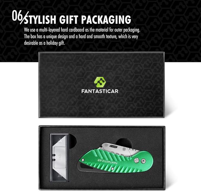 FantastiCAR Folding Utility Knife, Quick Blade Change Box Cutter, Anti-slip Metal Body, with Safety Lock and 5 Extra Blades (Summer Green)
