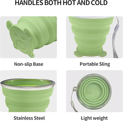 2 PCS Collapsible Cup - Silicone Small Foldable Cup-Expandable Folding Drinking Cup -Reusable Portable Mugs Cup with Lids For Travel, Camping, Hiking, Survival, Holiday Vacation White+Green