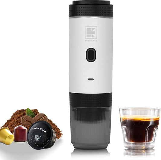 Portable Electric Espresso Machine, Travel Coffee Maker for Camping, Car, RV & Hiking, Self-Heating with Type-C, Compatible with Ground Coffee & NS Capsules, White