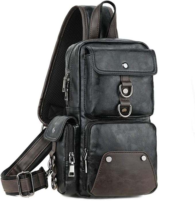 Leather Sling Bag Backpack for Men Women Cross Body Shoulder Chest Pack Outdoor Travel Camping Fishing Hunting Hiking Handbag Crossbody Daypack Black