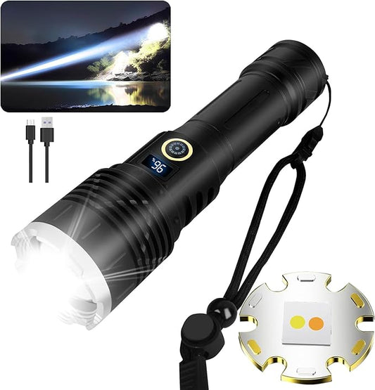 Rechargeable Flashlights High Lumens，LED Flashlights，High Powered 250,000 Lumens Super Bright Tactical ，2LED Bulb,Brightest Flashlight，Handheld Flash Light for Emergencies, Camping, Hiking