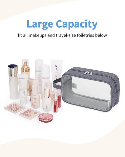Narwey Clear Travel Toiletry Bags for Traveling Toiletries Men Women, Clear Makeup Bag Cosmetic Bag with Zipper, Make Up Pouch Organizer Bags with Handle, Skincare Bag (Grey)