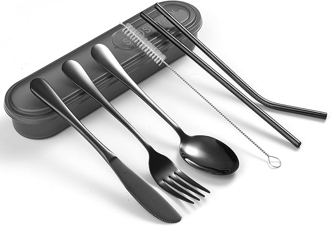 Portable Utensils Set with Case, 4pcs Stainless Steel Reusable Silverware for Lunch Camping School Picnic Workplace Travel, Lunch Box Includ Fork Spoon Knife,Easy to clean,Dishwasher Safe (grey)