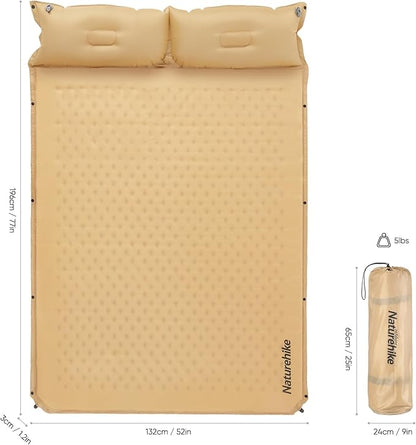 Naturehike Self-Inflating Double Sleeping Pad, Camping Mattress 2 Person, Ultralight Memory Foam Pad with Pillow, Fast Inflating, Patchwork Sleeping Pad for Camping, Hiking, RV Camping, Full, Yellow