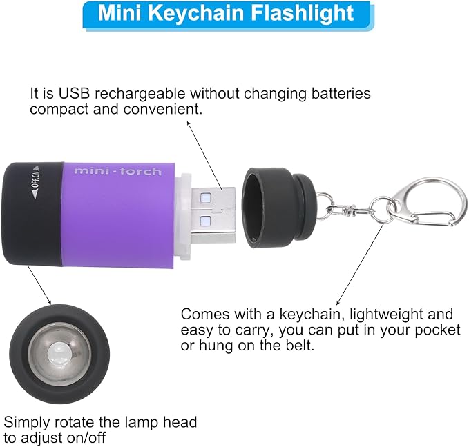 PATIKIL Mini Keychain Flashlight, Pocket LED Flashlight Portable Torch USB Rechargeable for Outdoor Camping Party, Purple