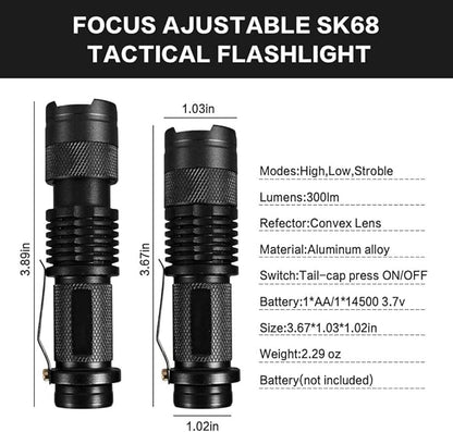 MODOAO 6 Pack Mini Flashlights LED Flashlight 7W 350LM 3 Mode Flashlight Torch Adjustable Focus Zoomable Light,Skid-Proof Design & Waterproof Design (Black)
