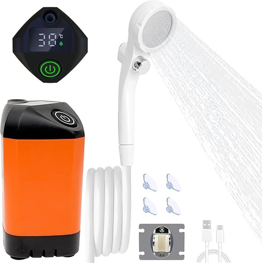 Outdoor Camping Shower, 7800mAh Outdoor Camp Shower Pump, Rechargeable Electric Shower Pump with Intelligent Digital Display, Powered by Rechargeable Battery for Camping, Hiking, Traveling, Orange