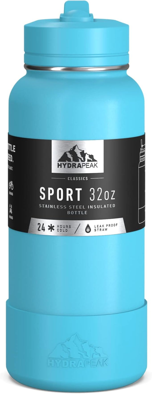 Hydrapeak 32oz Sport Insulated Water Bottle with Straw or Chug Lid, Leak & Spill Proof, Keeps Drinks Cold for 24 Hours, Hot for 12 Hours, Premium Stainless Steel Water Bottles (32oz, Belize)