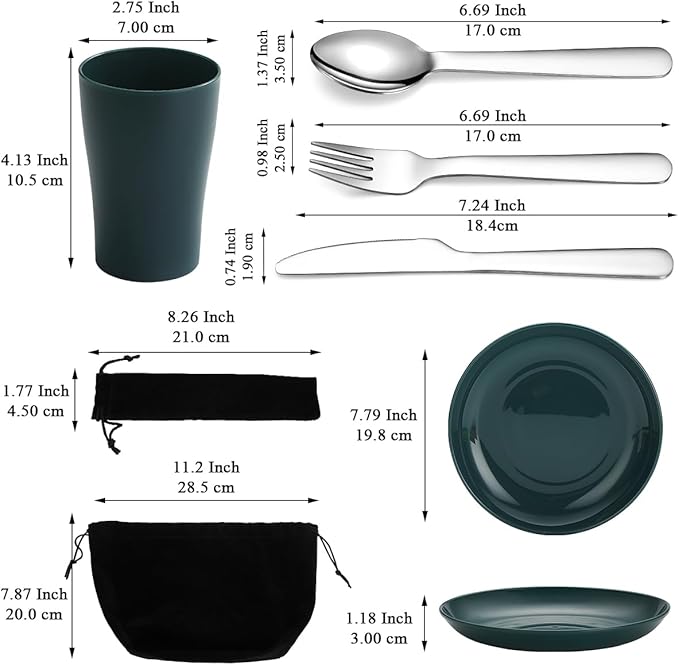 Camping Utensils Mess Kit, Including Camping Spoon, Fork, Knife, Plate and Cup Packed in a Portable Bag, Easy to Carry, Dishwasher Safe