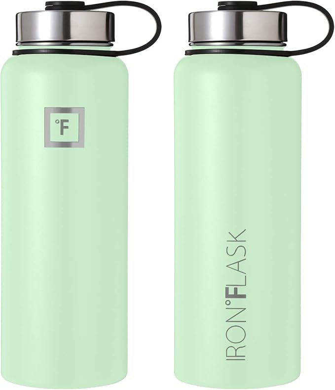 IRON °FLASK Camping & Hiking Hydration Flask, Wide Mouth, 3 Straw Lids, Stainless Steel Outdoor Water Bottle, Double Walled, Insulated Thermos, Metal Canteen - Mint, 40 Oz