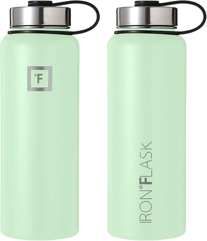 IRON °FLASK Camping & Hiking Hydration Flask, Wide Mouth, 3 Straw Lids, Stainless Steel Outdoor Water Bottle, Double Walled, Insulated Thermos, Metal Canteen - Mint, 40 Oz