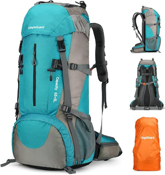 King'sGuard 70L Hiking Backpack Large Lightweight Waterproof Camping Backpack Travel Backpacking Backpack Daypack with Rain Cover -Frameless (Lake Blue)