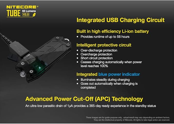 Nitecore Tube V2.0 Keychain Flashlight, 55 Lumen USB Rechargeable Ultralight Lightweight (Azure)