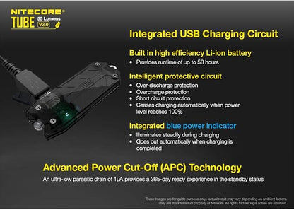 Nitecore Tube V2.0 Keychain Flashlight, 55 Lumen USB Rechargeable Ultralight Lightweight (Azure)