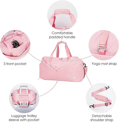 Ceneda 20" Gym Duffel Bag with Wet Pocket Shoes Compartment Portable Overnight Weekender Bag Travel bag Yoga Bag for Women (Pink)