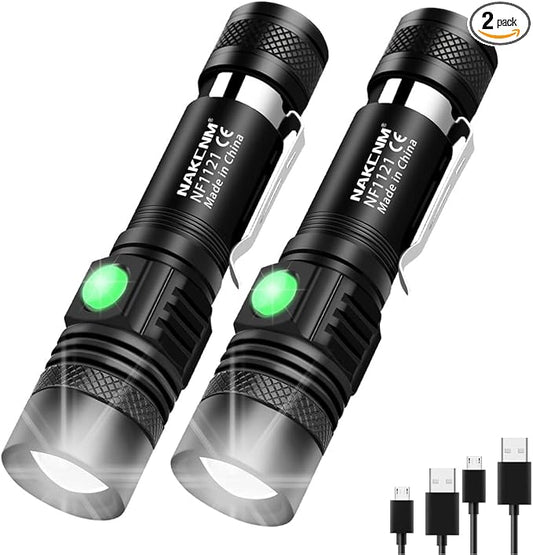 NAKCNM 2 Pack Rechargeable LED Flashlight Powerful Pocket-Sized Small Flashlights 2000 Lumen Super Bright Waterproof Flashlight 4 Modes Adjustable Focus Flash Light for Outdoor Camping Hiking