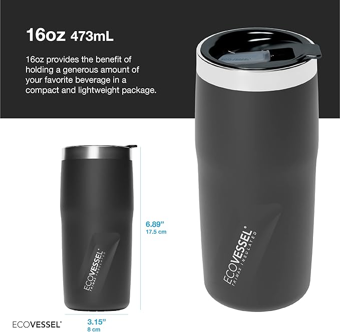 EcoVessel METRO TriMax Vacuum Insulated Stainless Steel Tumbler Cup, Coffee Mug with Slider Lid - 16 oz (Black Shadow)