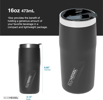EcoVessel METRO TriMax Vacuum Insulated Stainless Steel Tumbler Cup, Coffee Mug with Slider Lid - 16 oz (Black Shadow)
