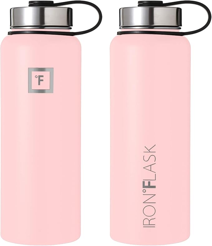 IRON °FLASK Camping & Hiking Hydration Flask, Wide Mouth, 3 Straw Lids, Stainless Steel Outdoor Water Bottle, Double Walled, Insulated Thermos, Metal Canteen - Rose, 18 Oz