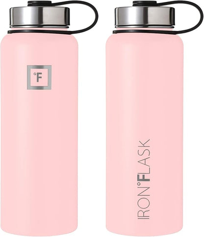 IRON °FLASK Camping & Hiking Hydration Flask, Wide Mouth, 3 Straw Lids, Stainless Steel Outdoor Water Bottle, Double Walled, Insulated Thermos, Metal Canteen - Rose, 18 Oz