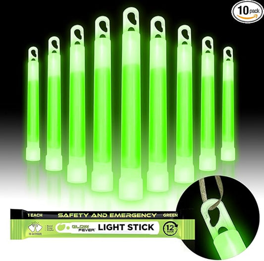 Emergency Safety Military Grade Glow Sticks, 10pcs, 6'' Ultra Bright Glow Sticks with 12 Hours Duration. Great for Hiking, Party, Camping, Blackouts, Hurricane, First Aid and Survival Kits (Green)