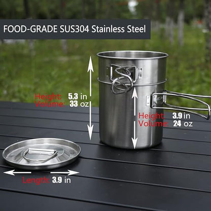 2Pcs 4Pcs Foldable Camping Cups and Mugs Pot 304-Food-Grade Stainless Steel Outdoor-cookware-Set with Vented lid