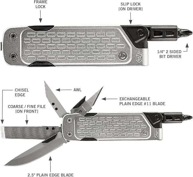 Gerber Gear Lockdown Driver 7-in-1 Multi-tool - 2.5" Plain Edge Blade, Scissors, Bit Driver - EDC Gear and Equipment - Silver