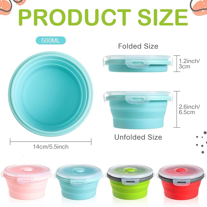 4 Pcs Camping Bowl with Lid Collapsible Silicone Bowl Lunch Box Salad Bowl Expandable Food Storage Container Set Folding Travel Bowl for Hiking Heat (Red, Pink, Blue, Green,17 oz)