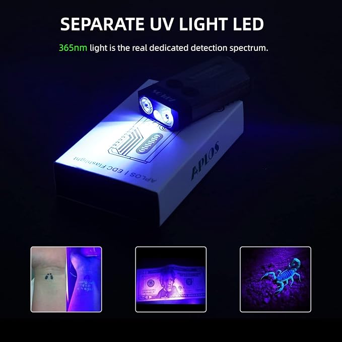APLOS L02 1000 Lumens Rechargeable Mini EDC Flashlight, 365nm UV Light, Multi-Color Light Source, Small Pocket Keychain Light with Magnetic Base & Beeping Alarm (White)