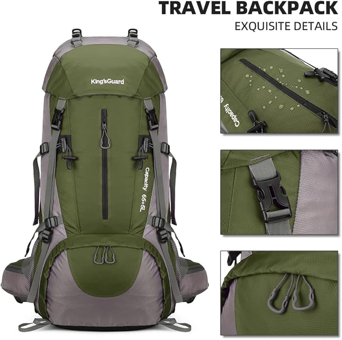 King'sGuard 70L Hiking Backpack Large Lightweight Waterproof Camping Backpack Travel Backpacking Backpack Daypack with Rain Cover -Frameless (Army Green)