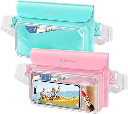 Niveaya IP68 Waterproof Fanny Pack - 2 Pack, Floating Dry Bag Pouch, Phone Waterproof Waist Pouch Dry Bag, Beach, Kayaking, Swimming, Boat Essentials, for iPhone 16/15/14/13/12 Pro Max up to 9.5"