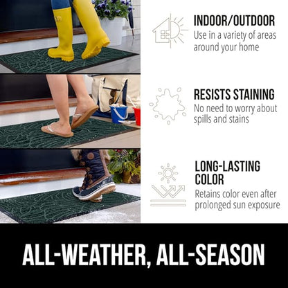 GORILLA GRIP 100% Waterproof All-Season WeatherMax Doormat, 23x35, Durable Natural Rubber, Stain and Fade Resistant, Low Profile, Indoor Outdoor Door Mats, Easy Clean Patio Entrance Mat, Green Palm