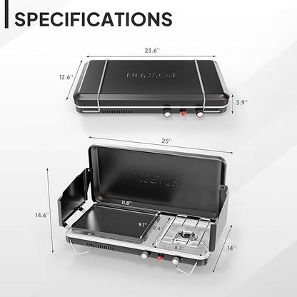 ROVSUN 2-in-1 Portable Camping Stove & Propane Grill with Enamel Griddle & Piezo Igniter, Tabletop Camp Stove with Built-in Handle, Wind Panel & Regulator for Camping, Tailgating, Grilling (Black)