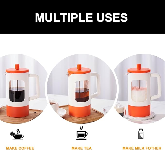 YOLIFE French Press Coffee Maker, 34 oz / 4 Cup Coffee Tea Press with Heat-resistant Borosilicate Glass, 4-Level Filtration Systems, Cold Brew Coffee Maker for Camping Travel Gifts, White and Orange