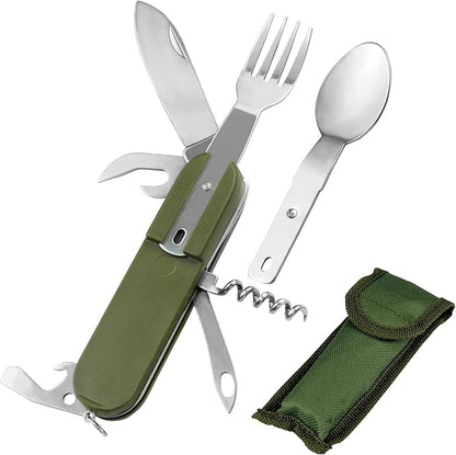 7-in-1 Camping Utensils - Portable Stainless Steel Camping Fork Spoon Knife Set for Camping, Hiking, Picnics Outdoor Enthusiasts, and Travel - Essential Survival Utensil Tool Kit