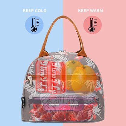 FlowFly Insulated Reusable Lunch Bag Adult Large Lunch Box Lunch Tote for Women and Men,With Front Pocket, Tropical
