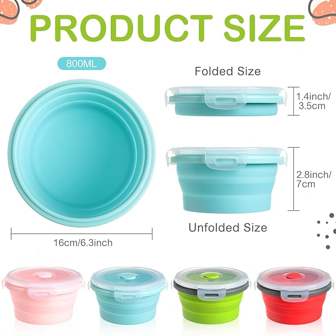 Suclain 4 Pcs Camping Bowl with Lid Collapsible Silicone Bowl Lunch Box Salad Bowl Expandable Food Storage Container Set Folding Travel Bowl for Hiking Heat (Red, Pink, Blue, Green,27 oz)
