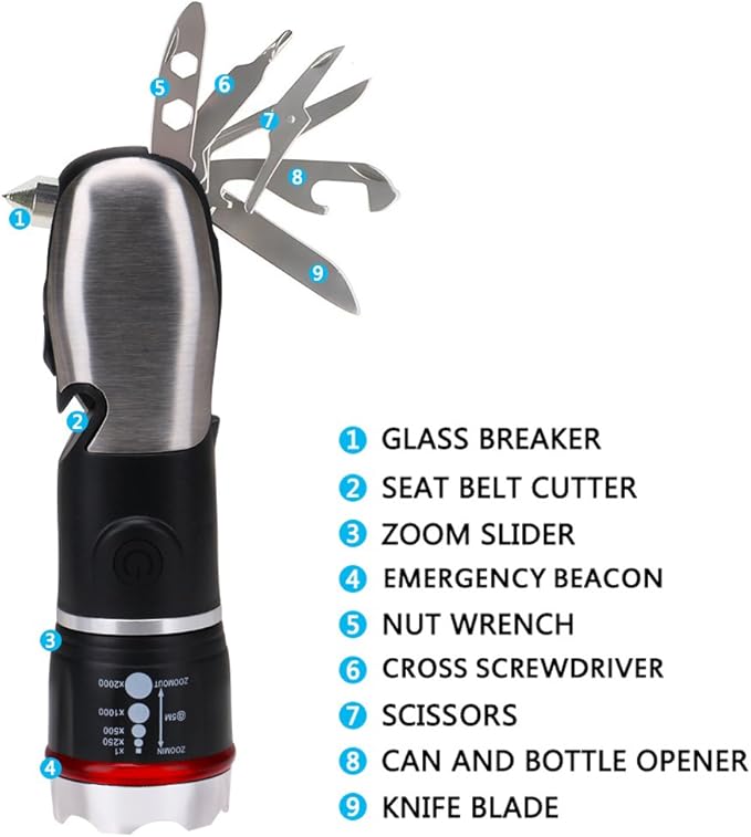 Multi Tool LED Flashlight,Surivival Tools for Cars, Emergency and Camping, ALL IN One Tactical Torch Light with Hammer Seatbelt Cutter Knief Bottle Opener Scissors Screwdrivers