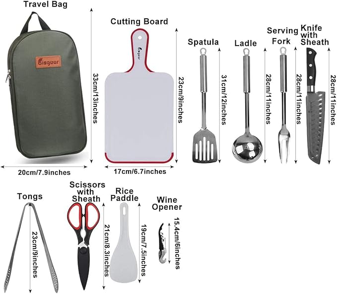 Bisgear Backpacking Camping Cookware Camp Kitchen Utensil BBQ Organizer Travel Mess Kit with Water Resistant Case, Cutting Board, Rice Paddle, Tongs, Scissors, Knife, Spork