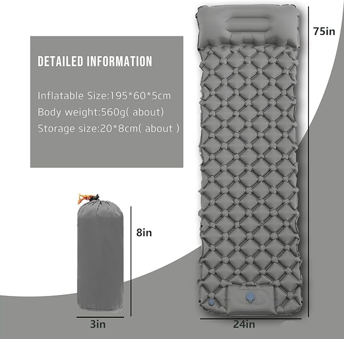Sleeping Pad – Ultralight Inflatable Sleeping Mat, 75''*24'' Camping Sleeping Pad with Built-in Foot Pump,30s Step to InflateUltimate for Camping, Backpacking, Hiking