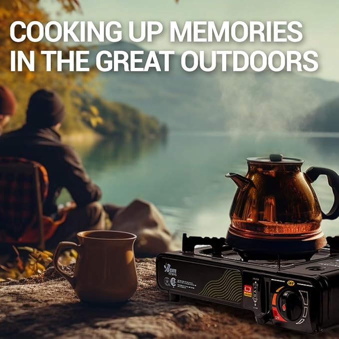 Jo Chef Butane Camping Stove - 9,500 BTU Portable Gas Stove - Ideal for Camping/Road Trips, Outdoor camp Stove Includes Windshield, CSA Certified, Brass Burner Fast Heat Up Time
