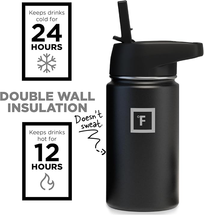 IRON °FLASK Camping & Hiking Hydration Flask, Wide Mouth, 3 Straw Lids, Stainless Steel Outdoor Water Bottle, Double Walled, Insulated Thermos, Metal Canteen - Midnight Black, 14 Oz