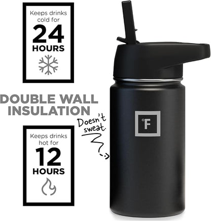 IRON °FLASK Camping & Hiking Hydration Flask, Wide Mouth, 3 Straw Lids, Stainless Steel Outdoor Water Bottle, Double Walled, Insulated Thermos, Metal Canteen - Midnight Black, 14 Oz