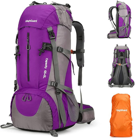 King'sGuard 70L Hiking Backpack Large Lightweight Waterproof Camping Backpack Travel Backpacking Backpack Daypack with Rain Cover -Frameless (Purple)